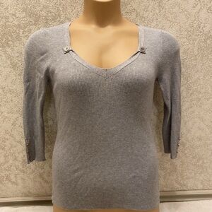 White House Black Market Light Gray V-Neck Sweater With Button Accents